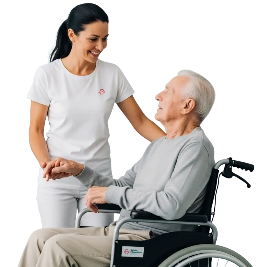 Daheim Pflegedienst - Pflegerin hilft Bedürftigem in Rollstuhl
